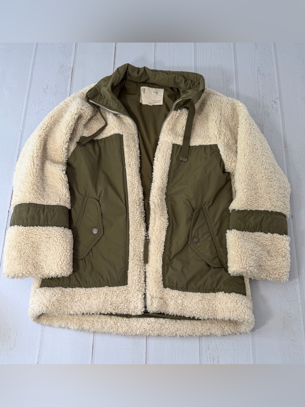 Pilcro by Anthropology Women’s S Sherpa Fleece Jacket Cream Olive Utility Coat - Picture 8 of 16